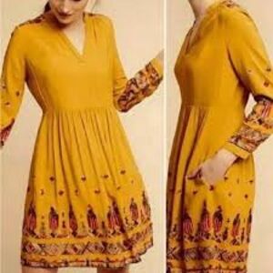 Anthropologie Floreat Raella Embroidered Mustard Yellow Mini Boho Tunic Dress XS